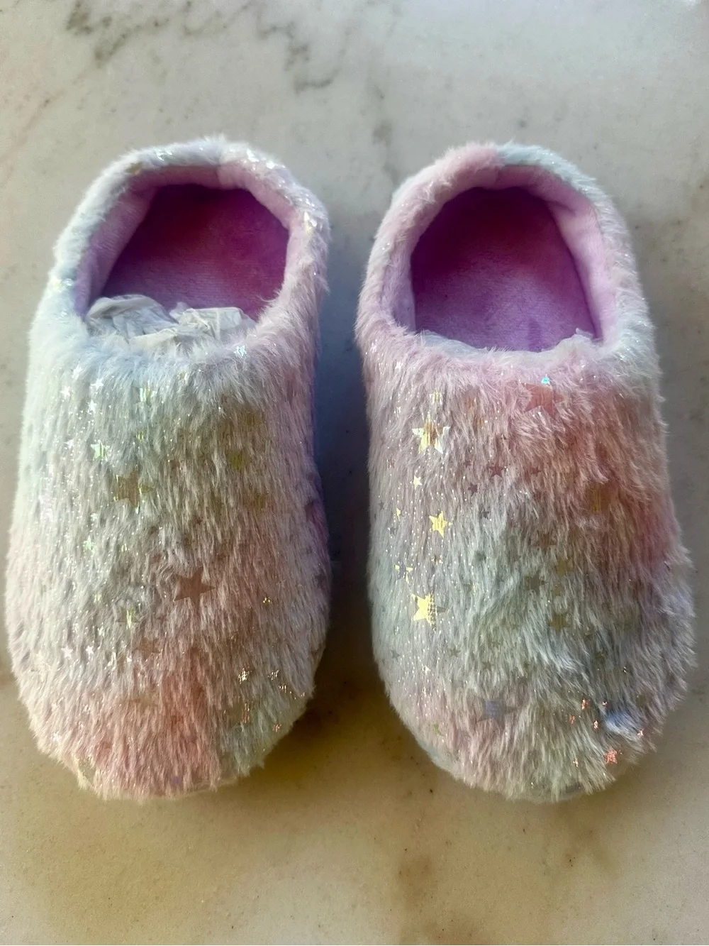 NWOT Fuzzy Pastel Star Sparkly Slippers - Pink & Lavender